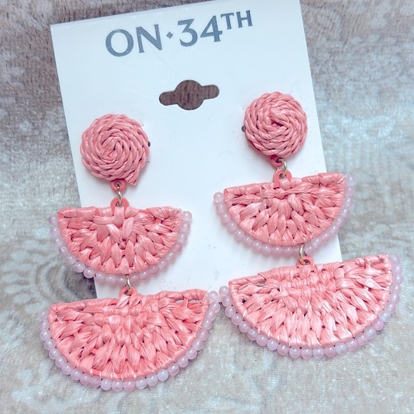 Brand New On 34th Woven Coral Pink Drop Earrings & Beaded Rhinestone Bracelet - Picture 4 of 13